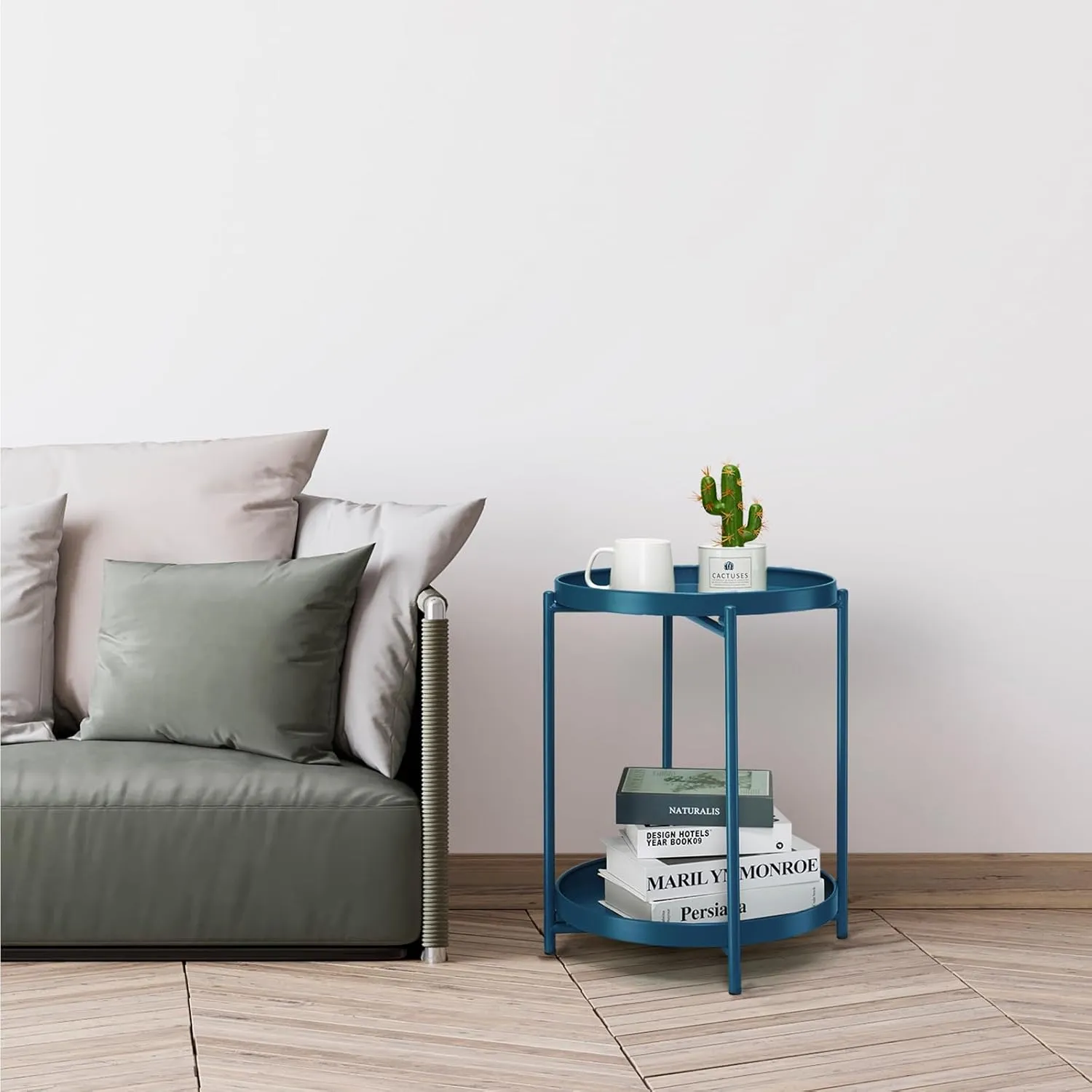 danpinera 2-Tier End Table, Outdoor Side Table Metal Round Side Table with Removable Tray, Small Accent Table, Anti-Rust Nightstand for Bedroom Balcony Patio Living Room (Navy Blue)
