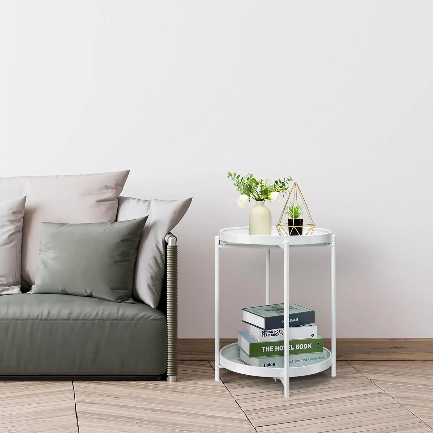 Danpinera 2 Tier Metal Side Table with Removable Tray - Round Accent Table, Anti-Rust White Nightstand for Bedroom, Balcony, Patio