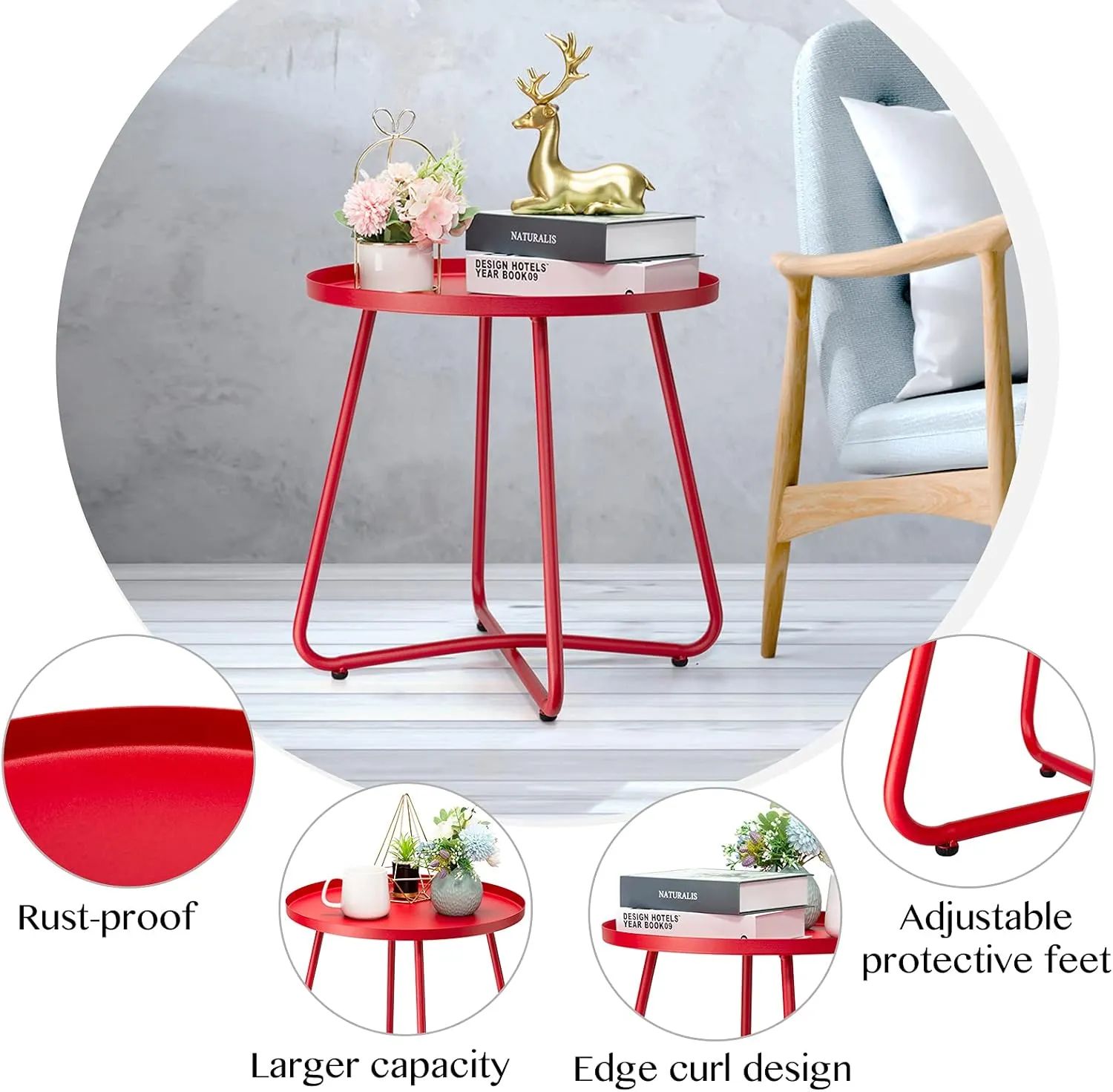 danpinera Outdoor Side Tables, Weather Resistant Steel Patio Side Table, Small Round Outdoor End Table Metal Side Table for Patio Yard Balcony Garden Bedside (Red)