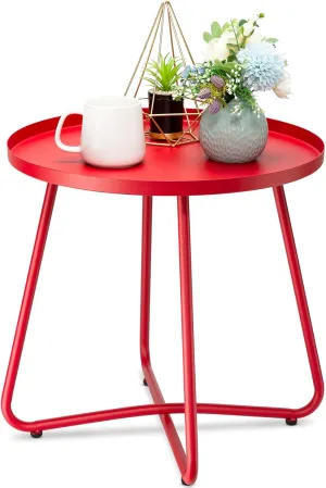 danpinera Outdoor Side Tables, Weather Resistant Steel Patio Side Table, Small Round Outdoor End Table Metal Side Table for Patio Yard Balcony Garden Bedside (Red)