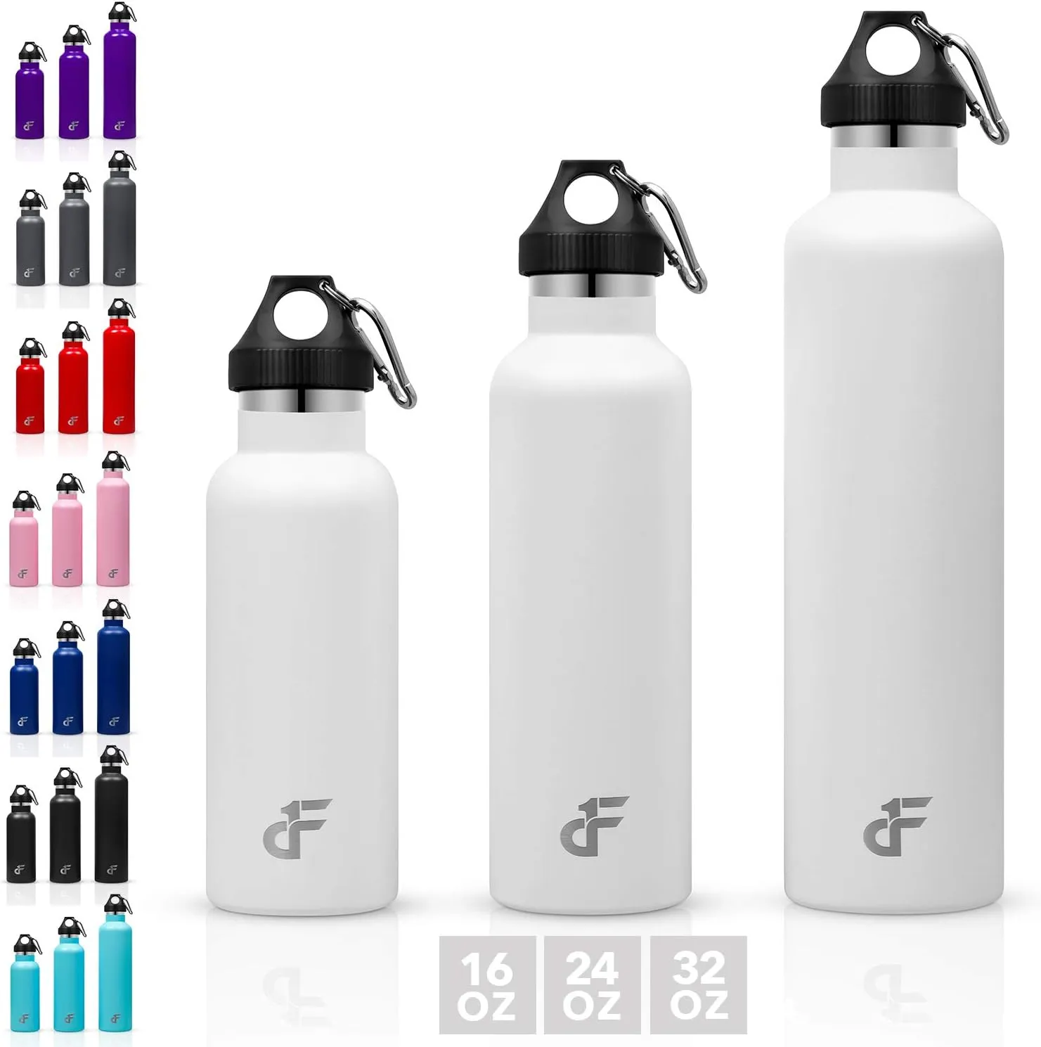 Day 1 Fitness Stainless Steel Water Bottle Standard Mouth, Carabiner Clip (16, 24, or 32oz) 3 Size, 8 Color, and Multi-pack Options – Vacuum Insulated, Double Walled, Powder-Coated Sweat Proof Thermos