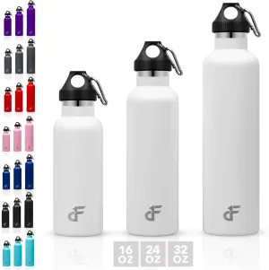 Day 1 Fitness Stainless Steel Water Bottle Standard Mouth, Carabiner Clip (16, 24, or 32oz) 3 Size, 8 Color, and Multi-pack Options – Vacuum Insulated, Double Walled, Powder-Coated Sweat Proof Thermos