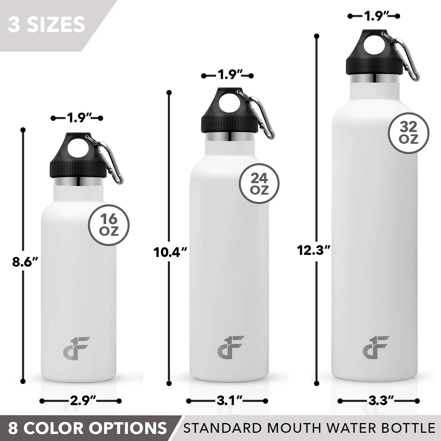 Day 1 Fitness Stainless Steel Water Bottle Standard Mouth, Carabiner Clip (16, 24, or 32oz) 3 Size, 8 Color, and Multi-pack Options – Vacuum Insulated, Double Walled, Powder-Coated Sweat Proof Thermos