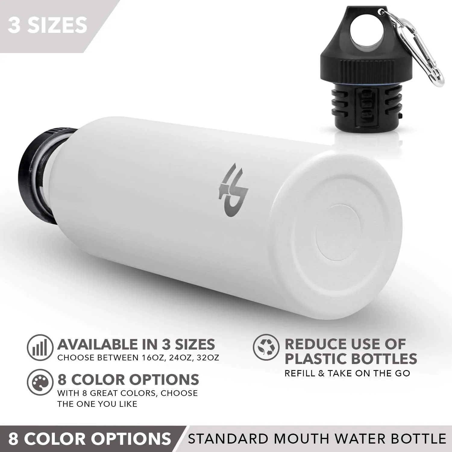 Day 1 Fitness Stainless Steel Water Bottle Standard Mouth, Carabiner Clip (16, 24, or 32oz) 3 Size, 8 Color, and Multi-pack Options – Vacuum Insulated, Double Walled, Powder-Coated Sweat Proof Thermos