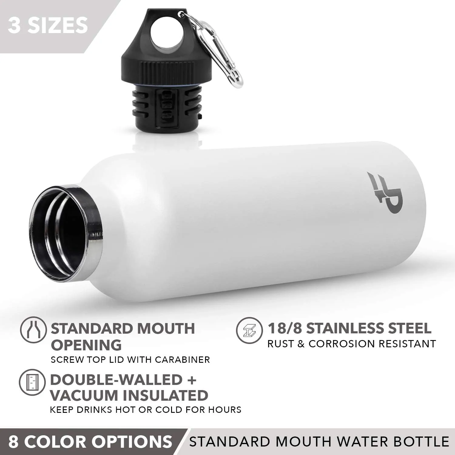 Day 1 Fitness Stainless Steel Water Bottle Standard Mouth, Carabiner Clip (16, 24, or 32oz) 3 Size, 8 Color, and Multi-pack Options – Vacuum Insulated, Double Walled, Powder-Coated Sweat Proof Thermos