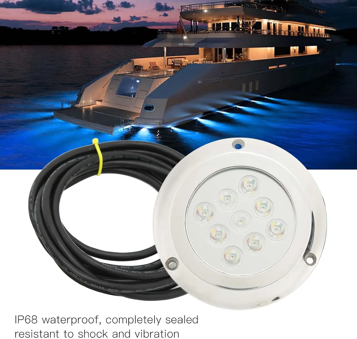 DC 12V‑24V Marine Underwater Light, Marine Dome Lighting, Yacht Underwater Light Tempered Glass IP68 Waterproof for Swimming Pool Marine Yacht Accessories (White Light)