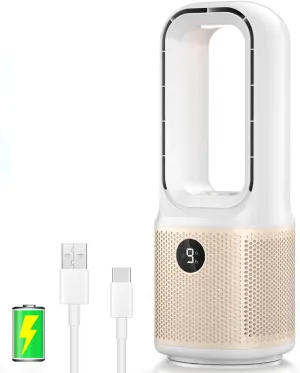 Desk Fan - Small Quiet Bladeless Table Fan, 14 Inch USB Rechargeable with 5000mAh Battery, 60° Oscillating, 9 Speed Adjustable, 3 Light Modes, Touch Control Mini Fan for Office Bedroom Living Room