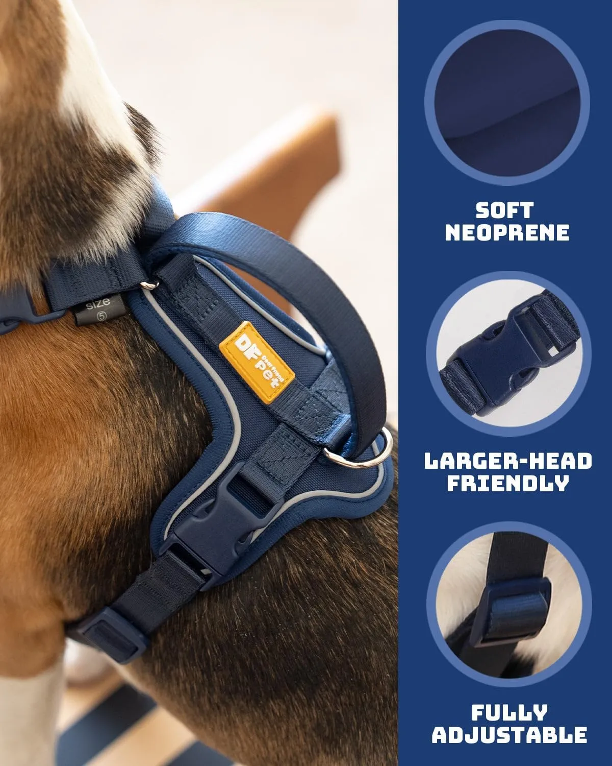 DF Freedom No Pull Martingale Dog Harness, Gentle Control for No Choking, Front Clip Harness with Reflective, 5 Point Adjustable and Safety Support Handle, Navy Blue, 3/4", Chest 22.4" - 30.4"
