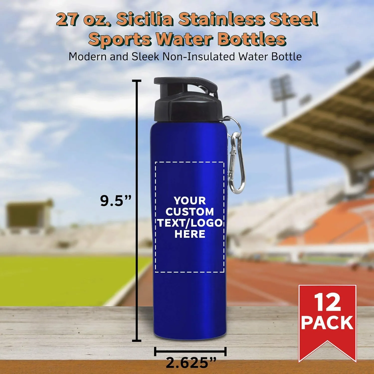 DISCOUNT PROMOS Custom Sicilia Stainless Steel Sports Bottles 27 oz. Set of 12, Personalized Bulk Pack - Non Insulated, Great for Gym, Hiking, Cycling, School - Blue