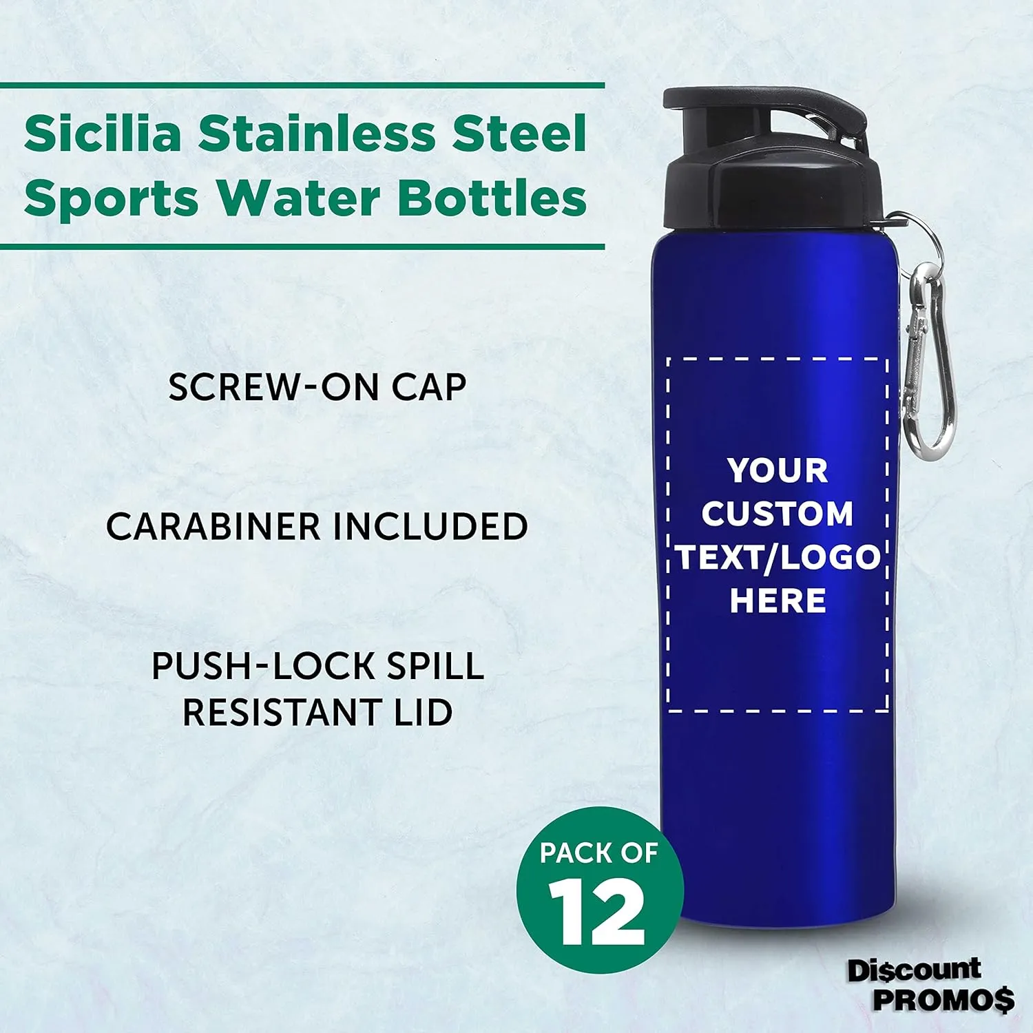 DISCOUNT PROMOS Custom Sicilia Stainless Steel Sports Bottles 27 oz. Set of 12, Personalized Bulk Pack - Non Insulated, Great for Gym, Hiking, Cycling, School - Blue