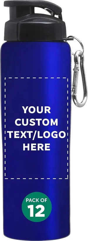 DISCOUNT PROMOS Custom Sicilia Stainless Steel Sports Bottles 27 oz. Set of 12, Personalized Bulk Pack - Non Insulated, Great for Gym, Hiking, Cycling, School - Blue