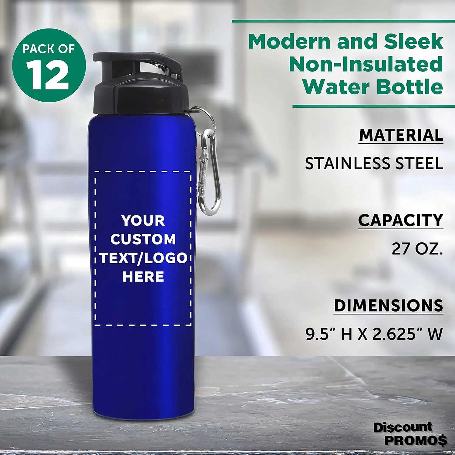 DISCOUNT PROMOS Custom Sicilia Stainless Steel Sports Bottles 27 oz. Set of 12, Personalized Bulk Pack - Non Insulated, Great for Gym, Hiking, Cycling, School - Blue