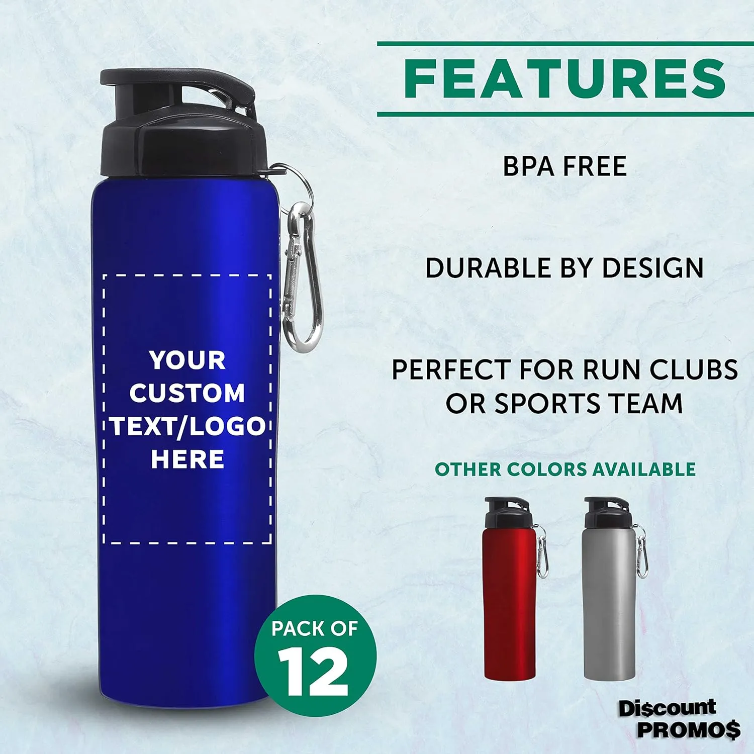DISCOUNT PROMOS Custom Sicilia Stainless Steel Sports Bottles 27 oz. Set of 12, Personalized Bulk Pack - Non Insulated, Great for Gym, Hiking, Cycling, School - Blue