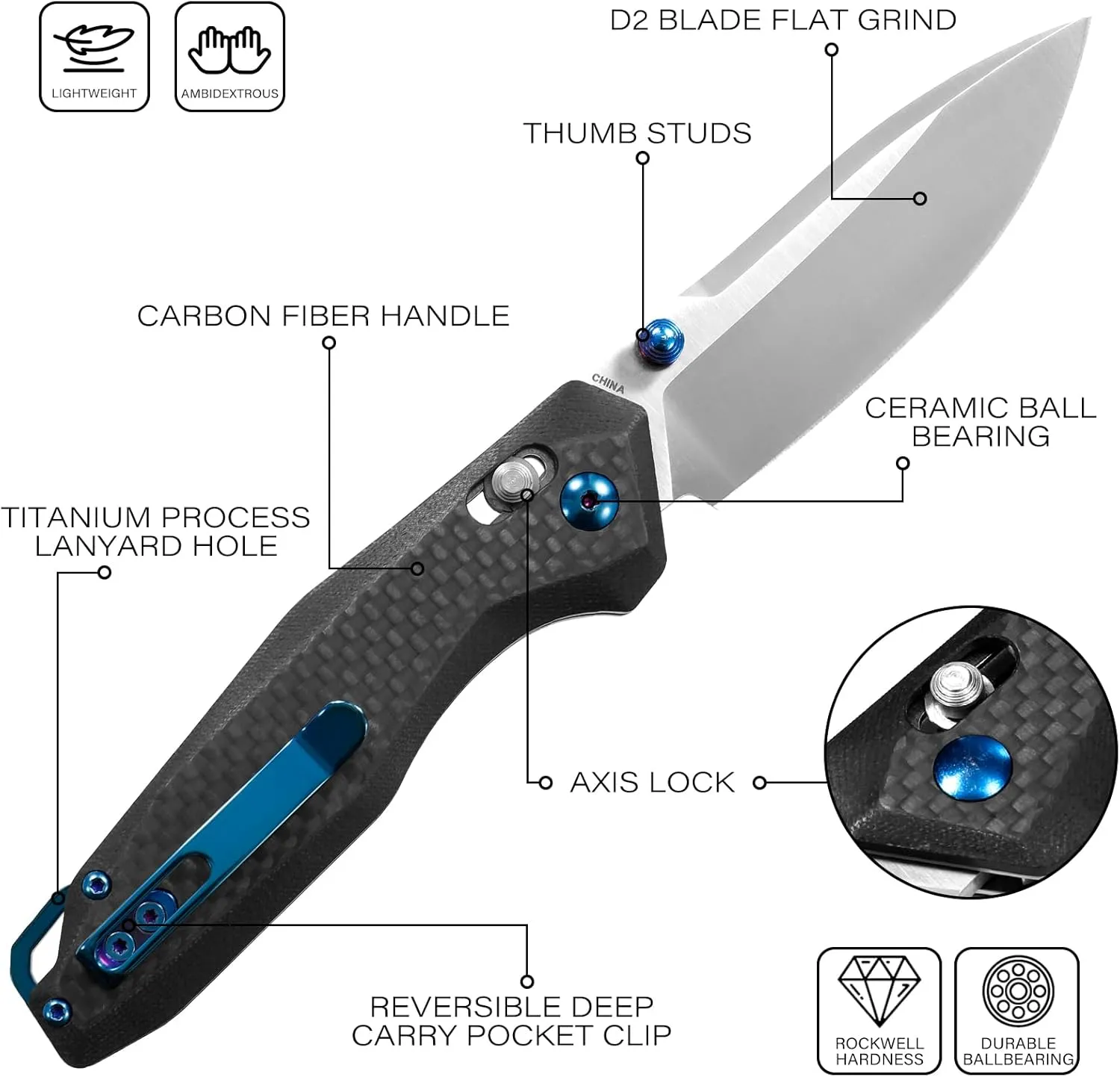 Dispatch Axis Lock Folding Pocket Knife with Clip, 3.27" D2 Steel Blade and G10 Handle, Camping Folding Knives for Men Women Hiking Survival Pocketknife