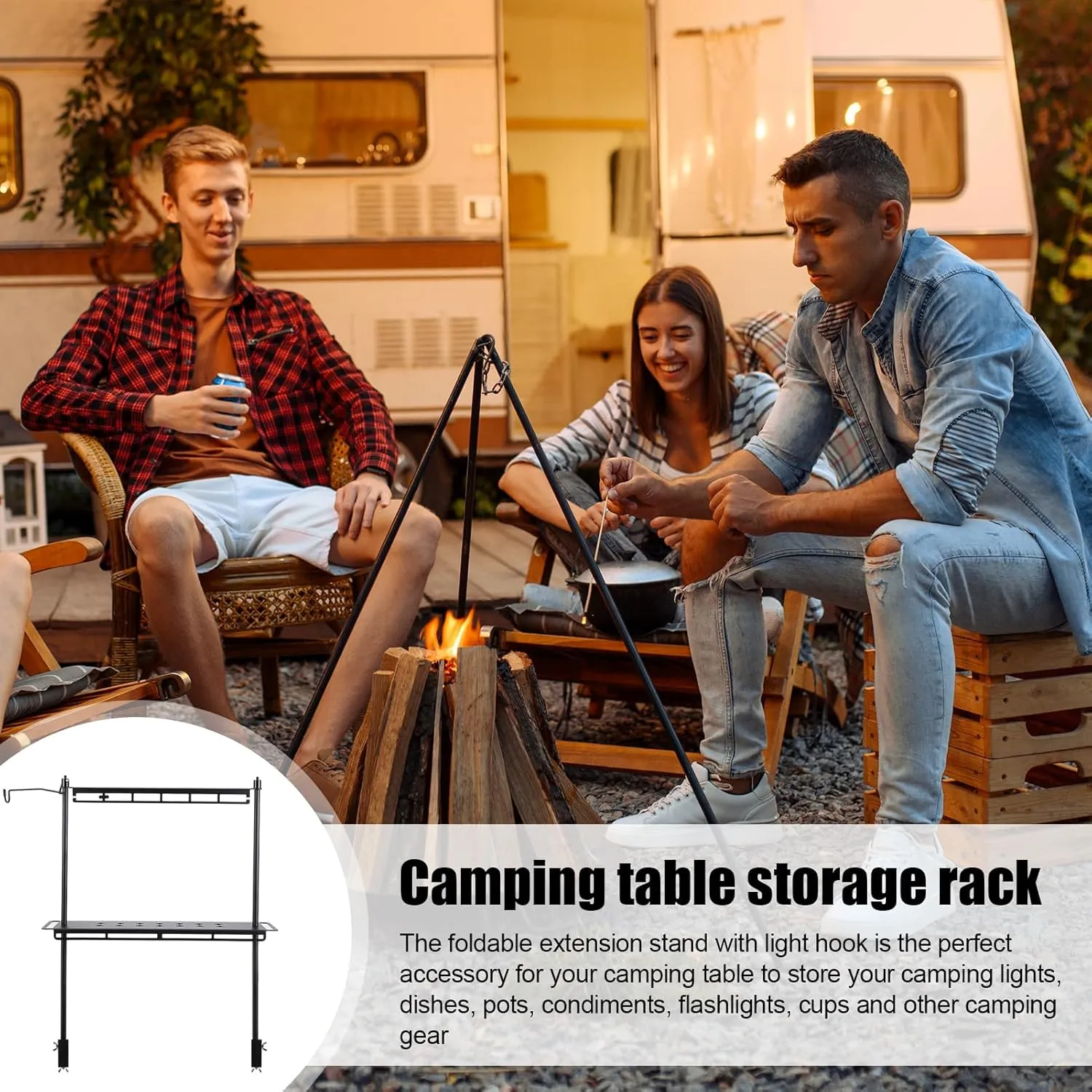 Display Rack, Camping Foldable Storage Rack, Multifunctional Aluminum Lightweight Folding Table Stand, with Lantern Stand, Outdoor Camping Table lamp Hanger (C)