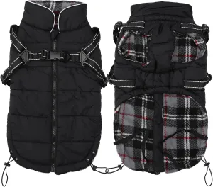 Dog Coat with Harness, Jacket with Harness, Waterproof Cotton Padded Halloween Christmas for Puppy to Medium Breeds - Black - Large
