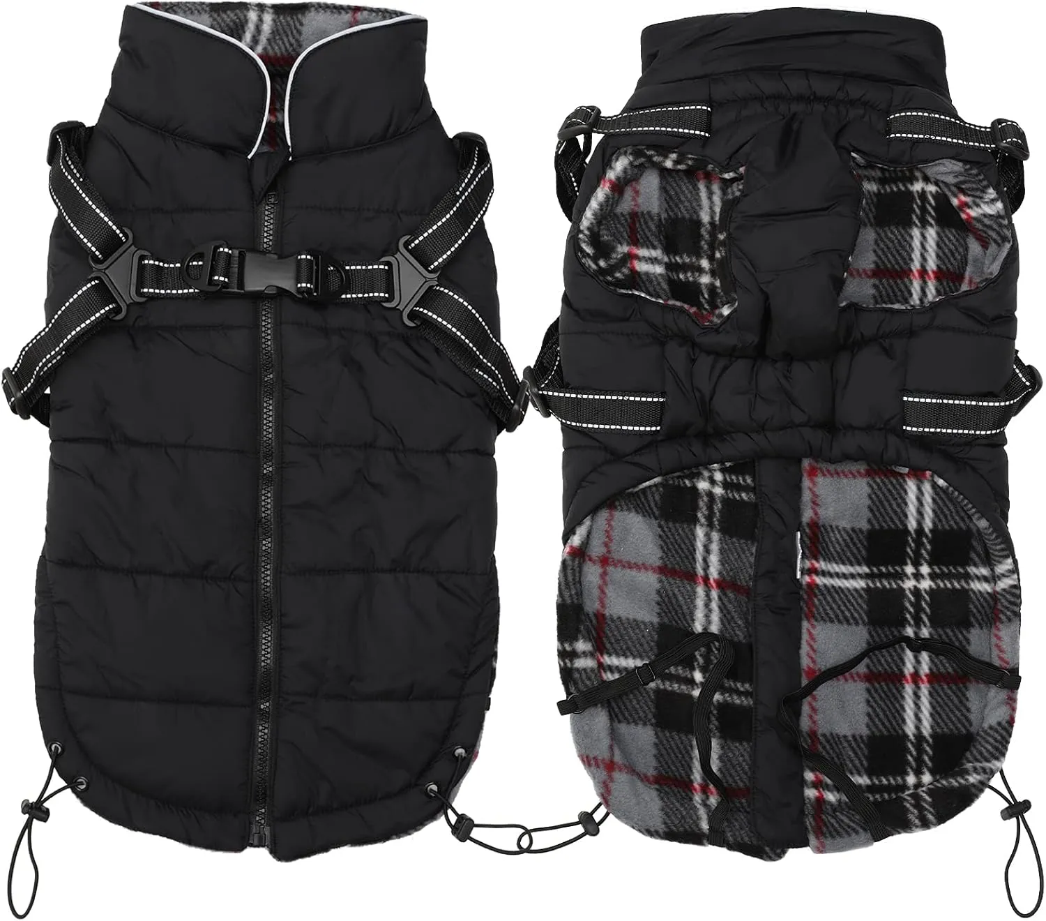 Dog Coat with Harness, Jacket with Harness, Waterproof Cotton Padded Halloween Christmas for Puppy to Medium Breeds - Black - Large