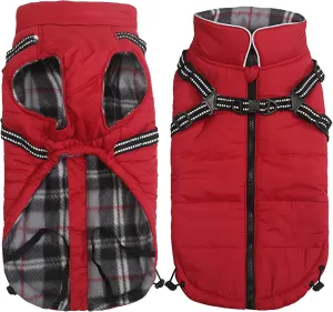 Dog Coat With Harness - Waterproof Cotton Padded Jacket for Puppy Small Medium Breeds - Halloween Christmas - Red - XXLarge