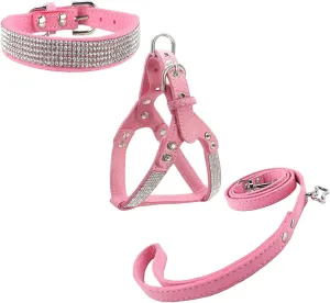 Dog Collar & Harness & Lead Sets Fashion Dog Collar Diamante with Harness & Leashes Comfortable Soft Collar Harness and Leashes Set for Dog - Pink - L