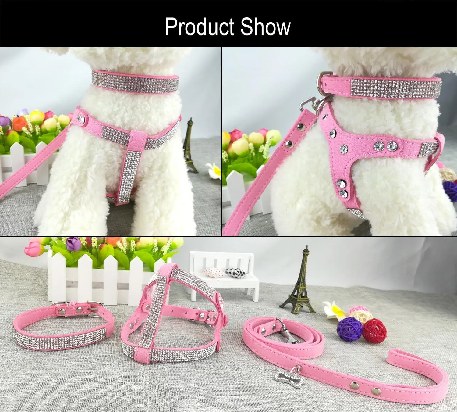Dog Collar & Harness & Lead Sets Fashion Dog Collar Diamante with Harness & Leashes Comfortable Soft Collar Harness and Leashes Set for Dog - Pink - L