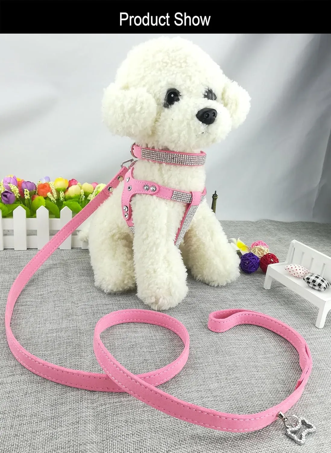 Dog Collar & Harness & Lead Sets Fashion Dog Collar Diamante with Harness & Leashes Comfortable Soft Collar Harness and Leashes Set for Dog - Pink - L
