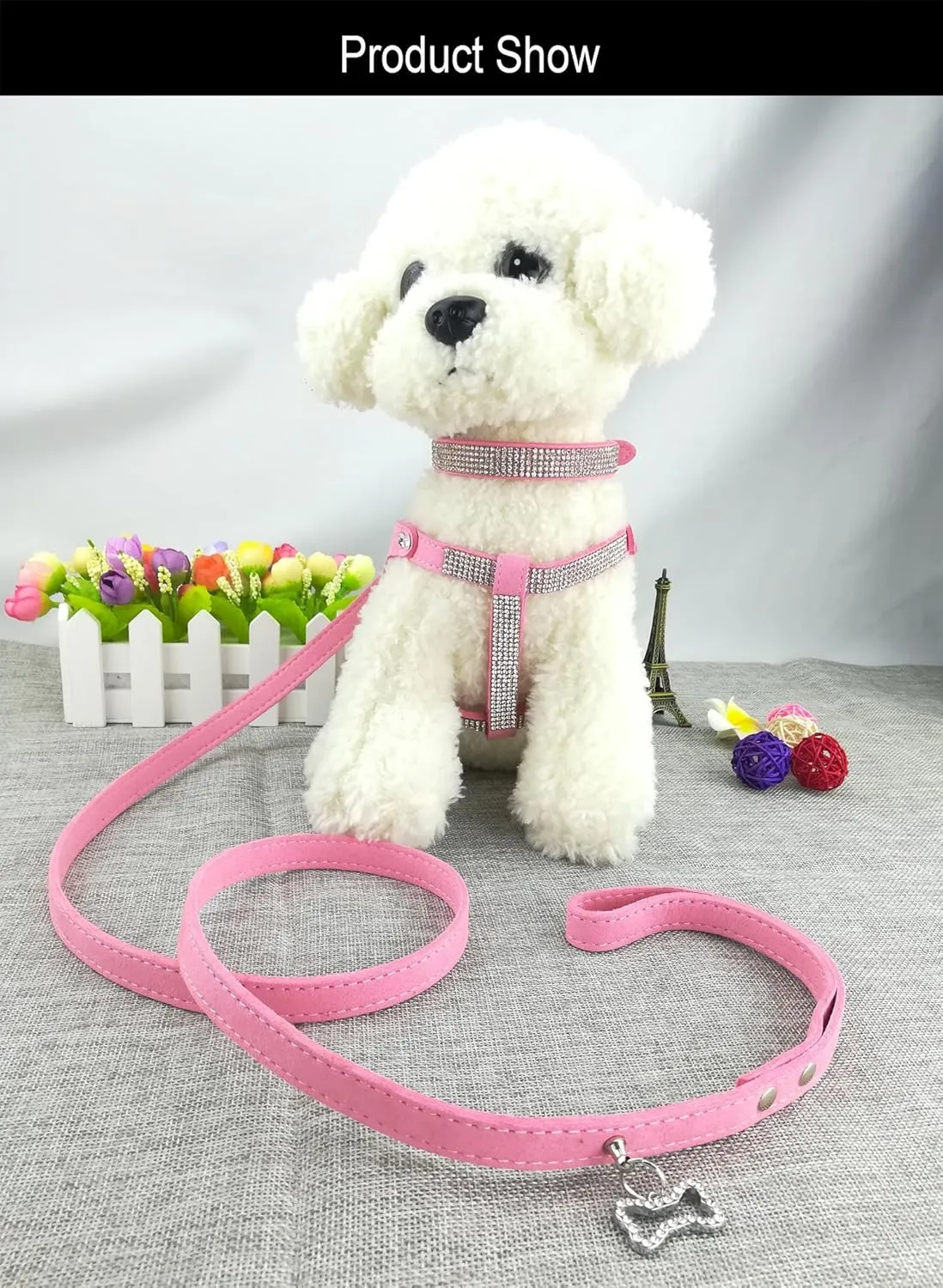 Dog Collar & Harness & Lead Sets Fashion Dog Collar Diamante with Harness & Leashes Comfortable Soft Collar Harness and Leashes Set for Dog - Pink - L