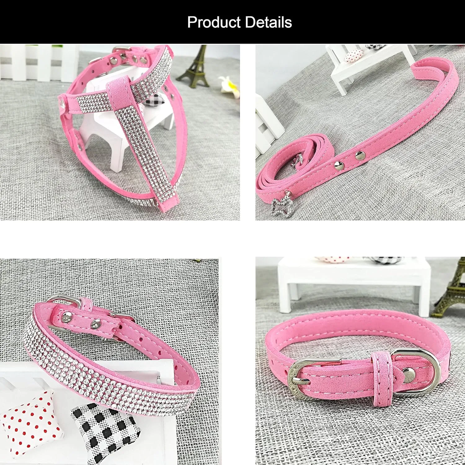 Dog Collar & Harness & Lead Sets Fashion Dog Collar Diamante with Harness & Leashes Comfortable Soft Collar Harness and Leashes Set for Dog - Pink - L