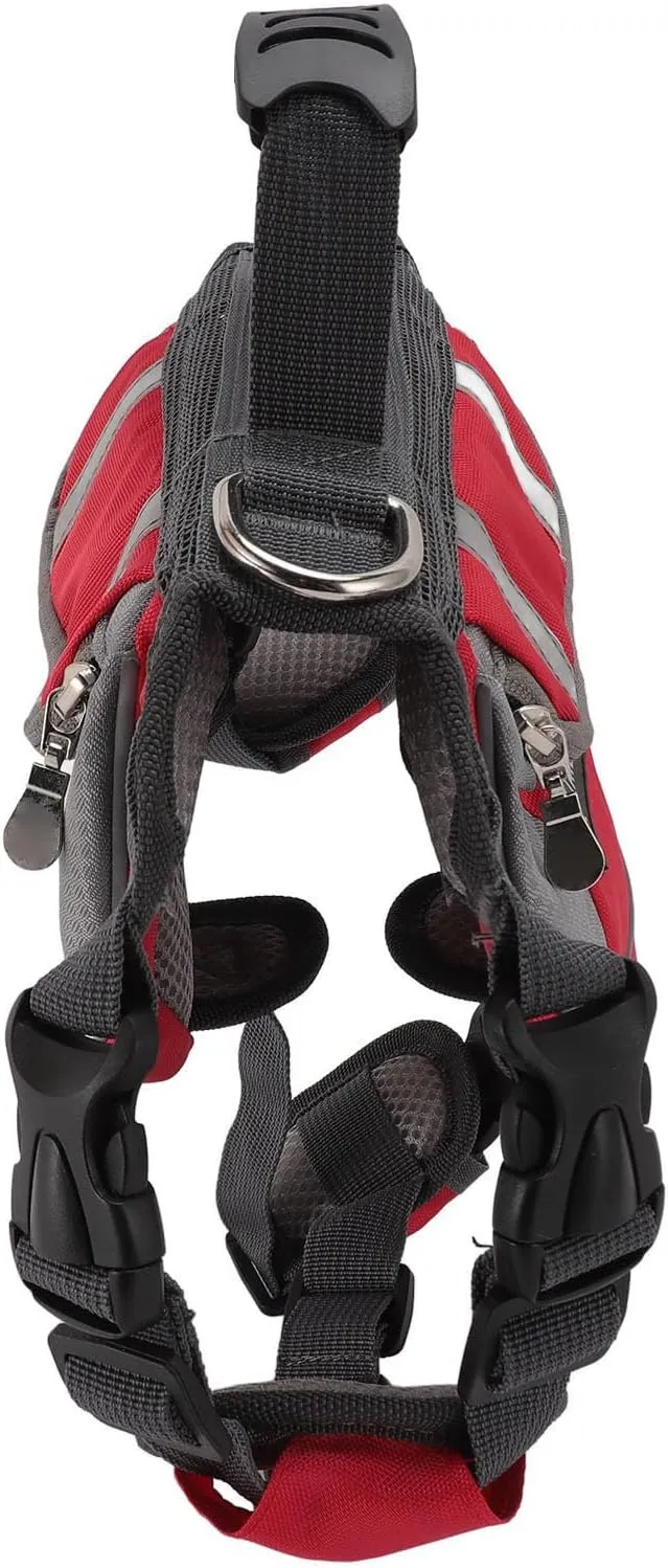 Dog Harness Saddlebag, Easy To Wear Portable Durable Dog Backpack Saddle Bag Reflective Stripe for Travel (Red)