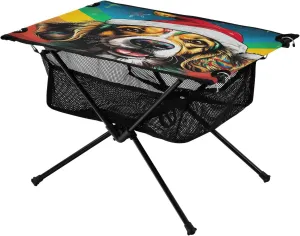 Dog in Christmas Hat Portable Folding Camping Table, Compact Lightweight Beach Table with Carrying Bag for Outdoor Picnics, BBQs, Camp