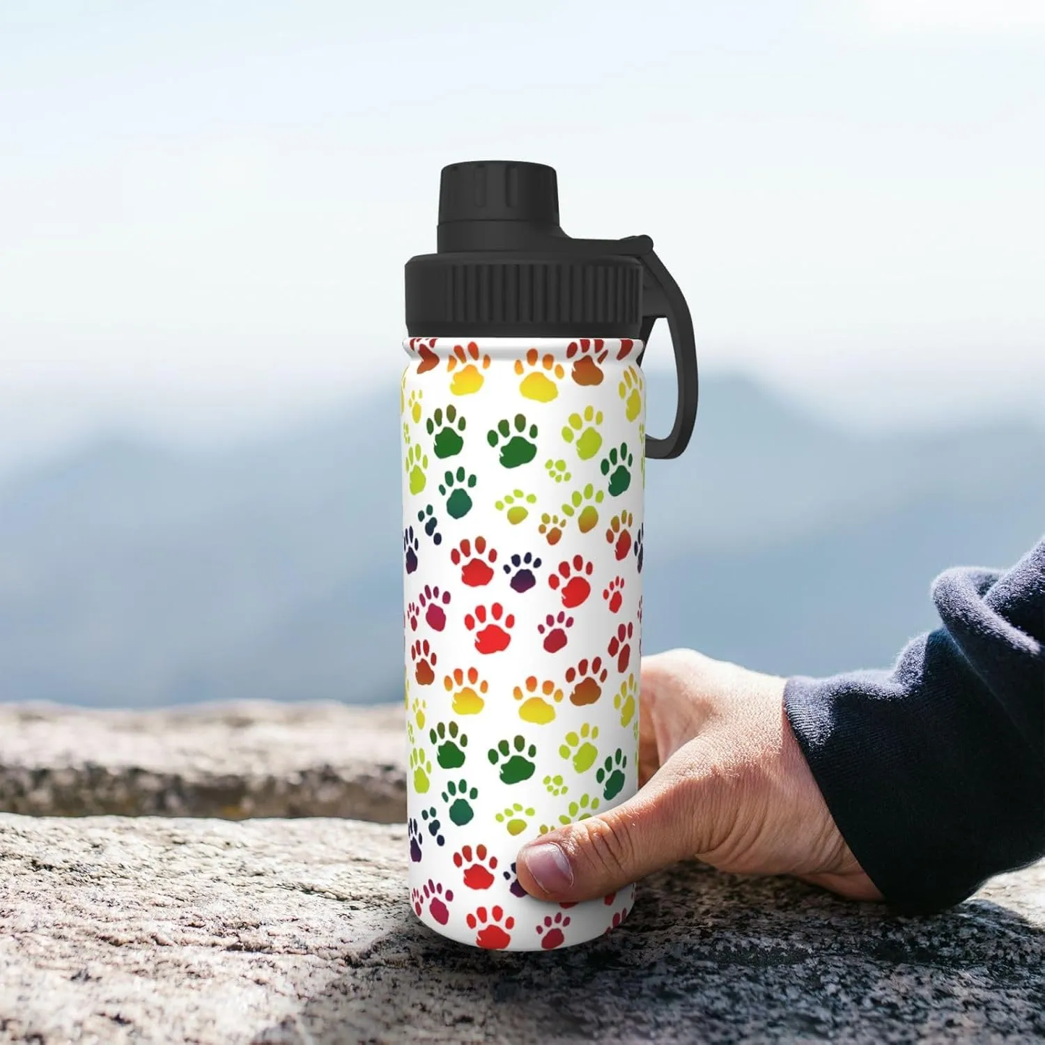 Dog Paw Prints 18 oz Stainless Steel Water Bottles Insulated Sports Water Bottle with Spout Lid, Rainbow Double Wall Travel Water Flask for Men Women