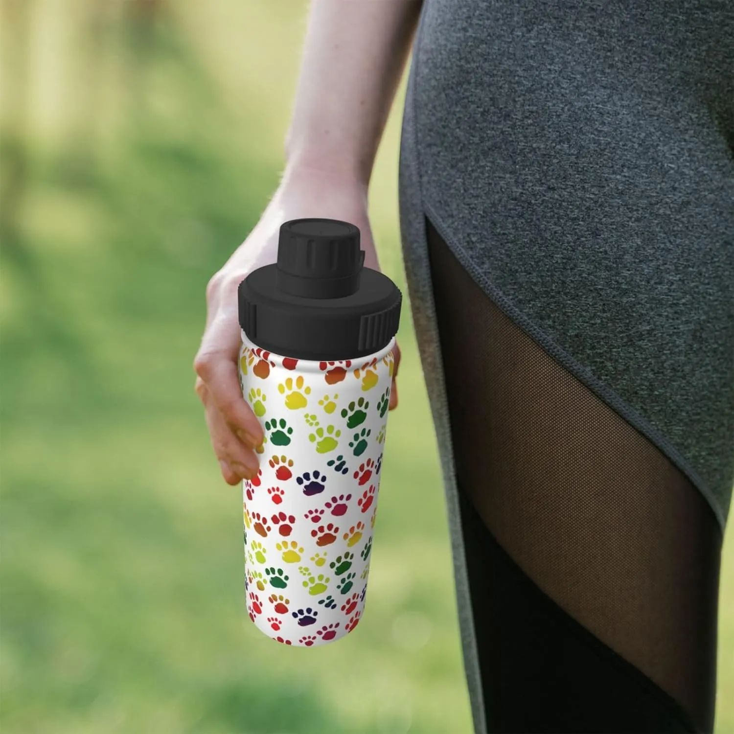 Dog Paw Prints 18 oz Stainless Steel Water Bottles Insulated Sports Water Bottle with Spout Lid, Rainbow Double Wall Travel Water Flask for Men Women