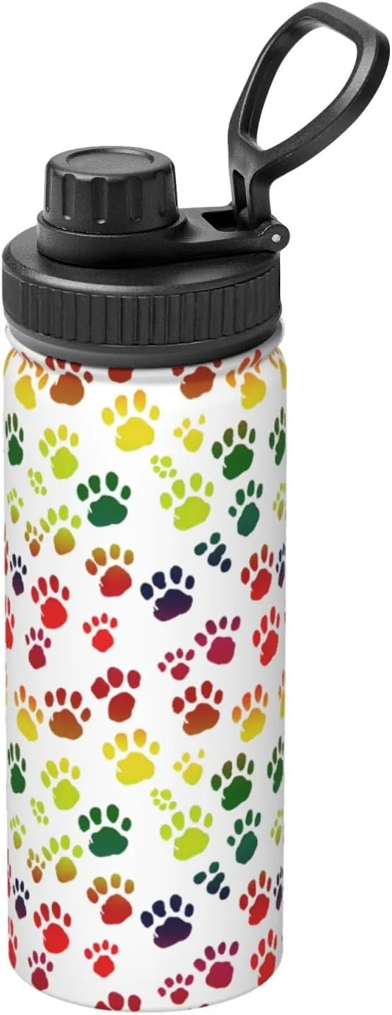 Dog Paw Prints 18 oz Stainless Steel Water Bottles Insulated Sports Water Bottle with Spout Lid, Rainbow Double Wall Travel Water Flask for Men Women