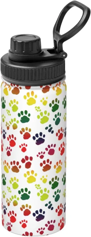 Dog Paw Prints 18 oz Stainless Steel Water Bottles Insulated Sports Water Bottle with Spout Lid, Rainbow Double Wall Travel Water Flask for Men Women