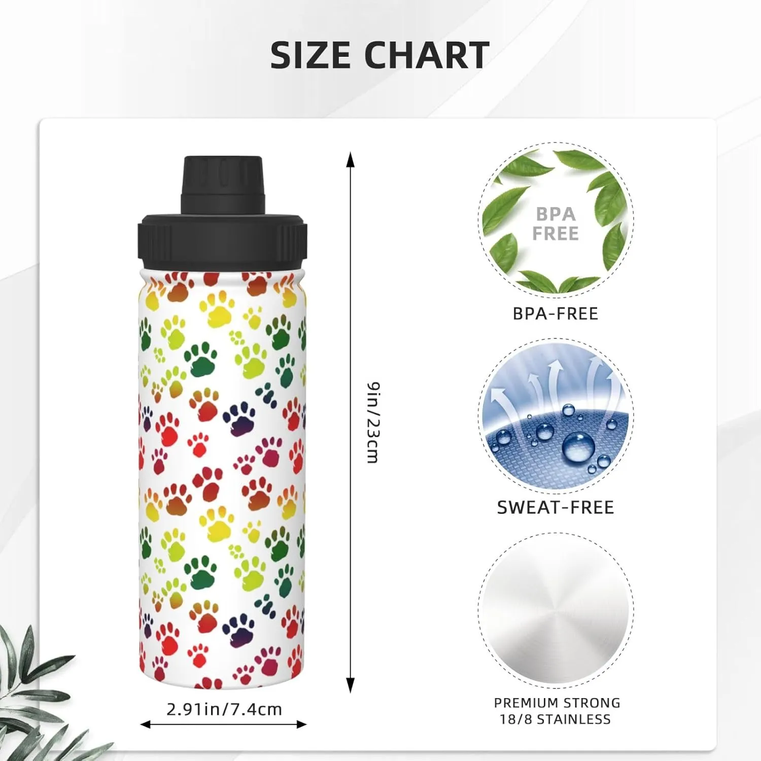 Dog Paw Prints 18 oz Stainless Steel Water Bottles Insulated Sports Water Bottle with Spout Lid, Rainbow Double Wall Travel Water Flask for Men Women