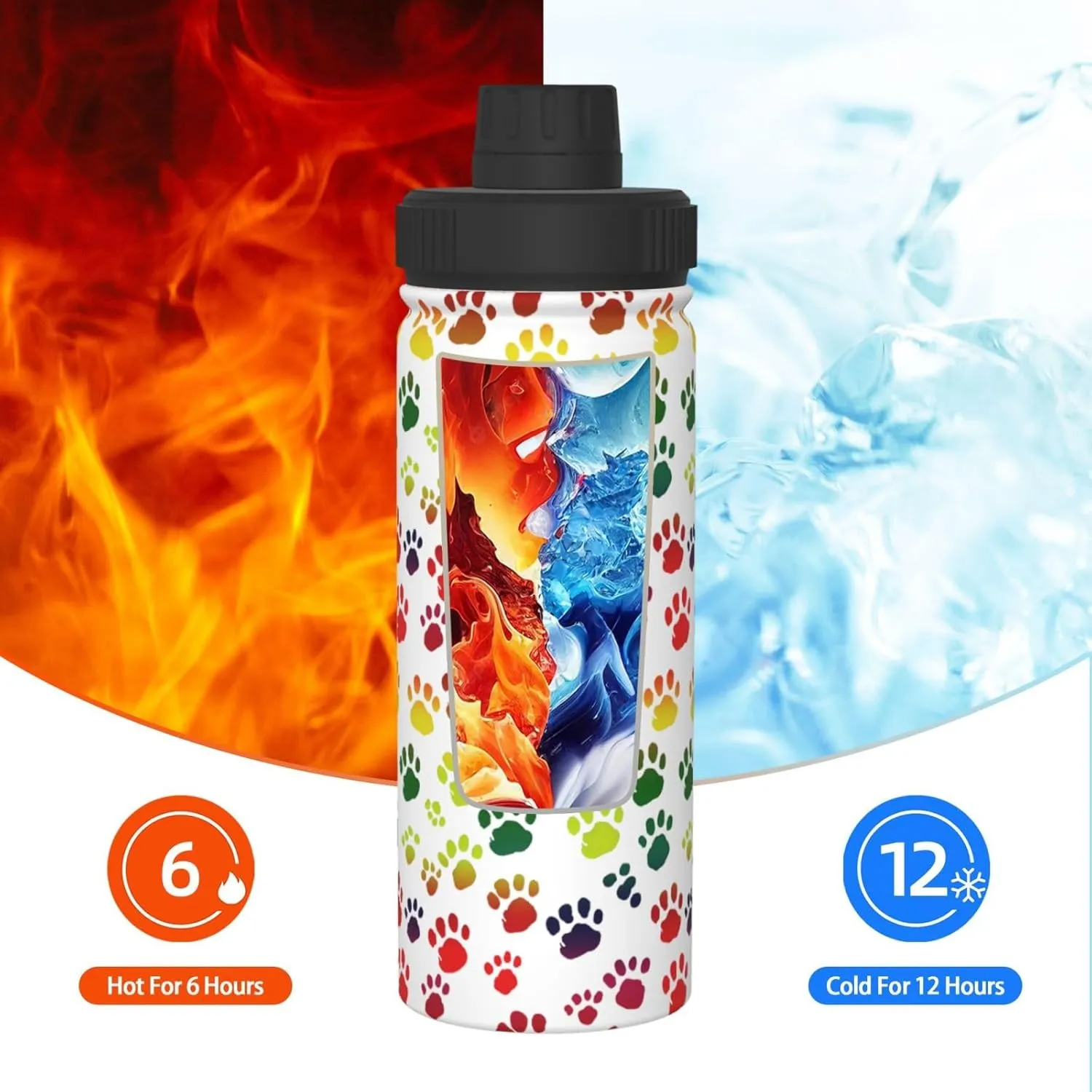 Dog Paw Prints 18 oz Stainless Steel Water Bottles Insulated Sports Water Bottle with Spout Lid, Rainbow Double Wall Travel Water Flask for Men Women