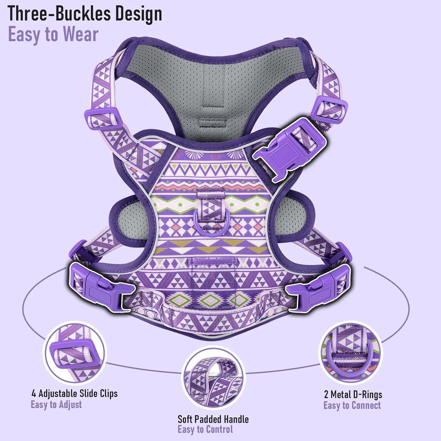 Dog Vest Harness No Pull Easy Walker Pet Harness for Walking Training Hiking for M Sized Dogs with 2 Leash Clips 3 Buckles ID Card Reflective Strip Soft Padded Handle, Tribal, French Bulldog
