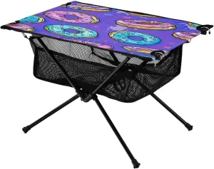 Doodle Blue and Purple Donuts Portable Camping Table,Outdoor Folding Table,Beach Table,Suitable for Camping,Hiking,Picnic