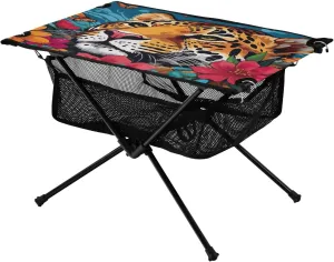 Doodle Leopard and Flower Pattern Portable Camping Table,Outdoor Folding Table,Beach Table,Suitable for Camping,Hiking,Picnic