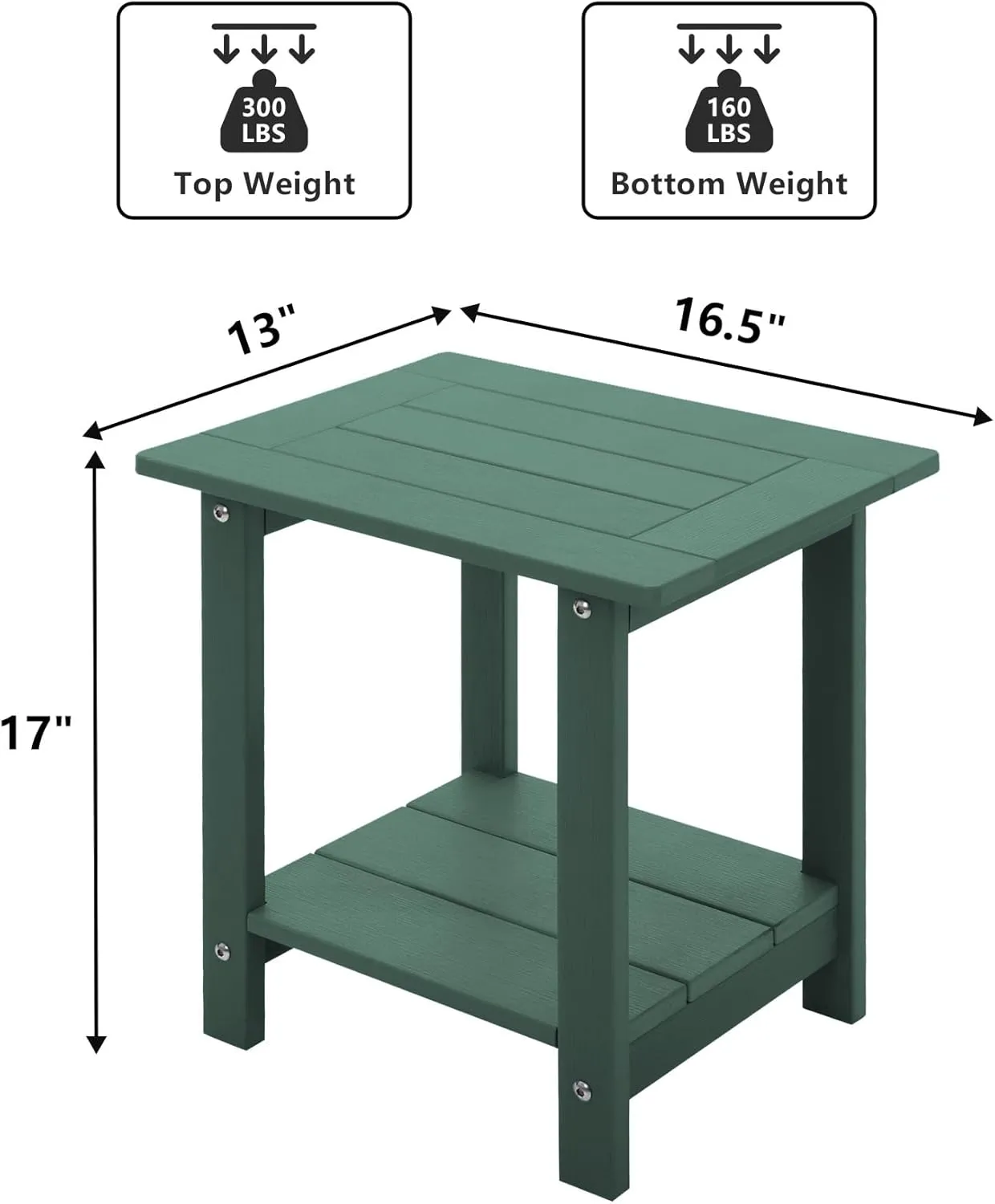 Double Adirondack Side Table Weather Resistant, Outdoor Rectangular End Table for Adirondack Chair, Dark Green