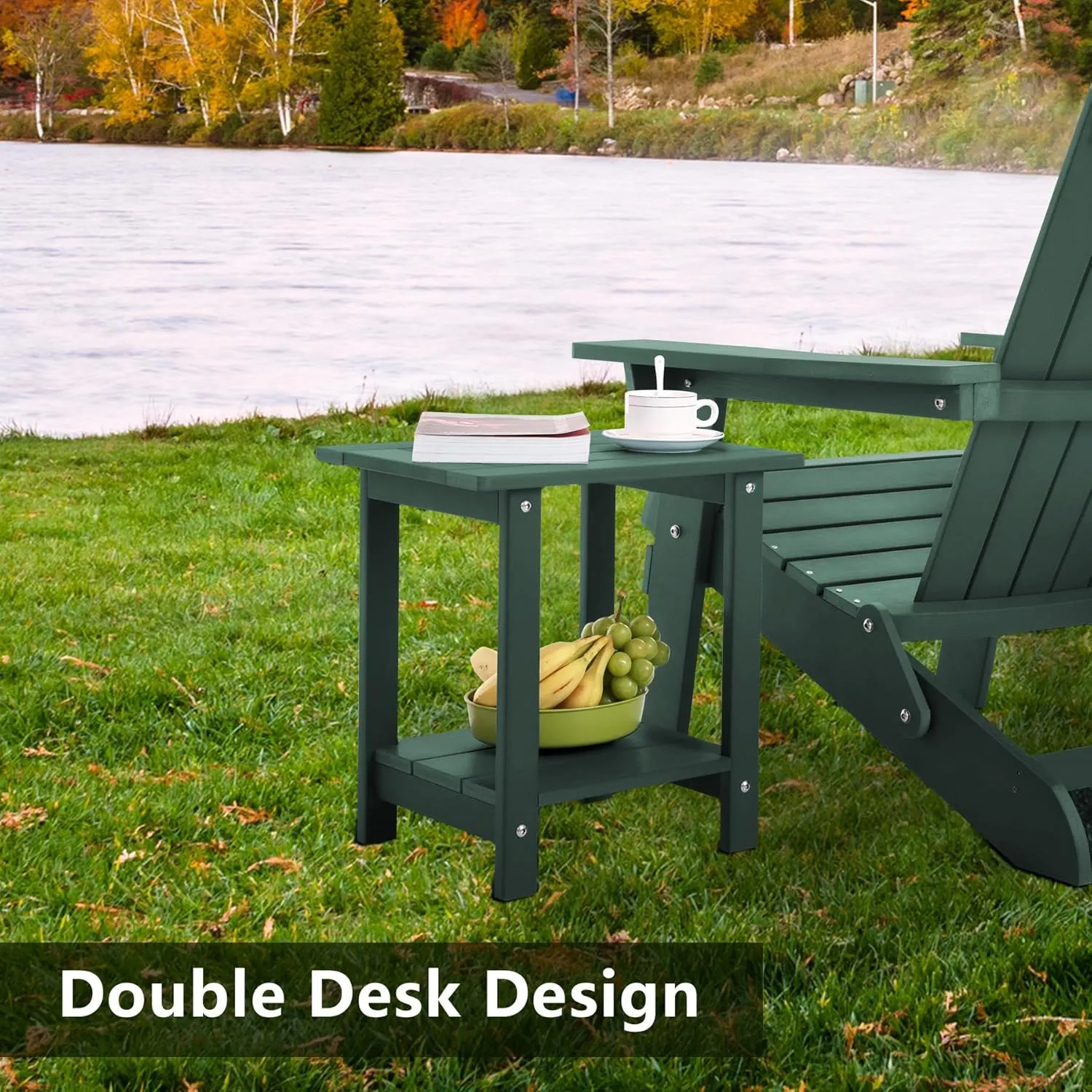 Double Adirondack Side Table Weather Resistant, Outdoor Rectangular End Table for Adirondack Chair, Dark Green