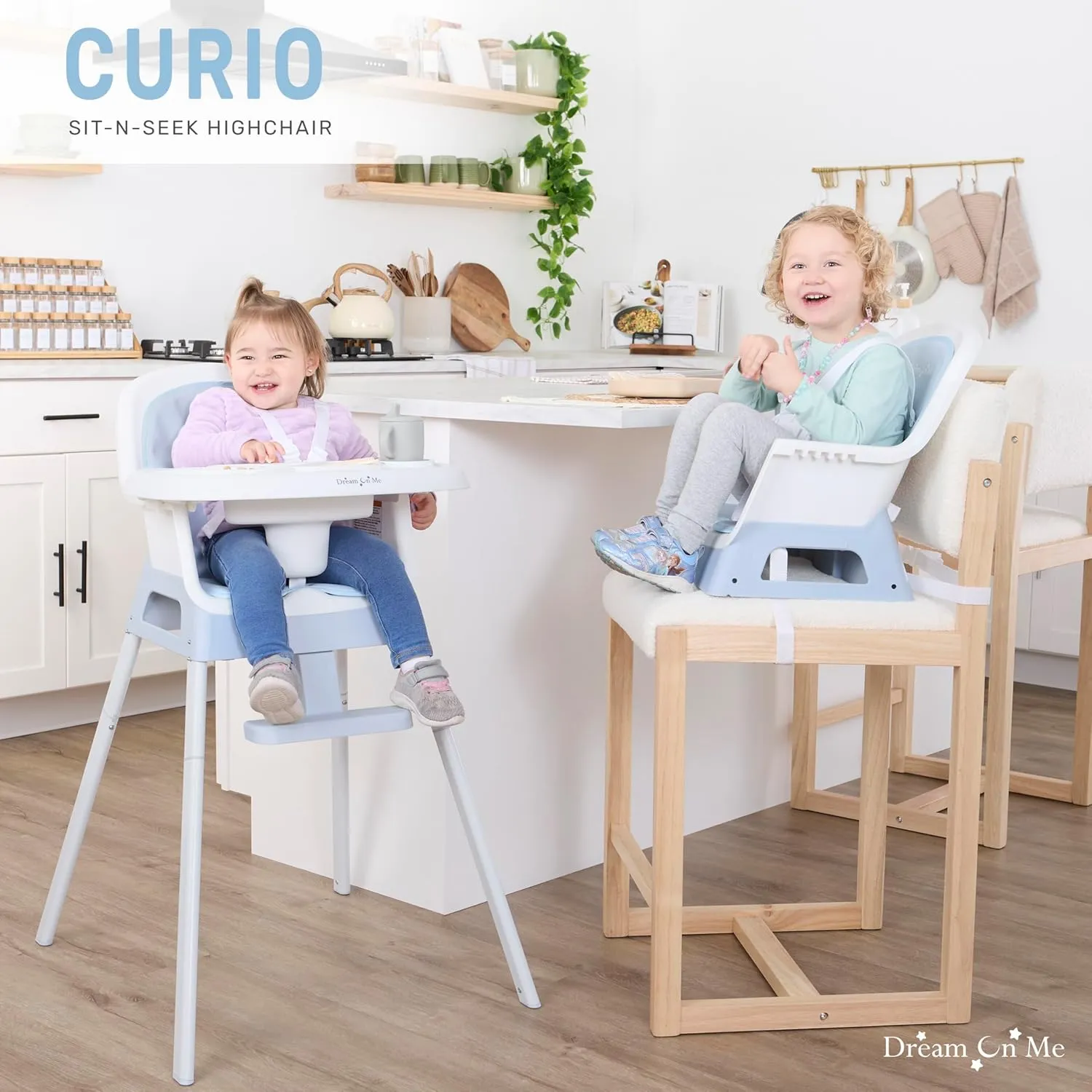 Dream On Me Curio Sit N Seek 3 in 1 Convertible Baby High Chair in Sky Blue, Removable and Adjustable Tray, Portable High Chair, Adjustable Legs, Detachable Footrest & 5 Point Safety Harness