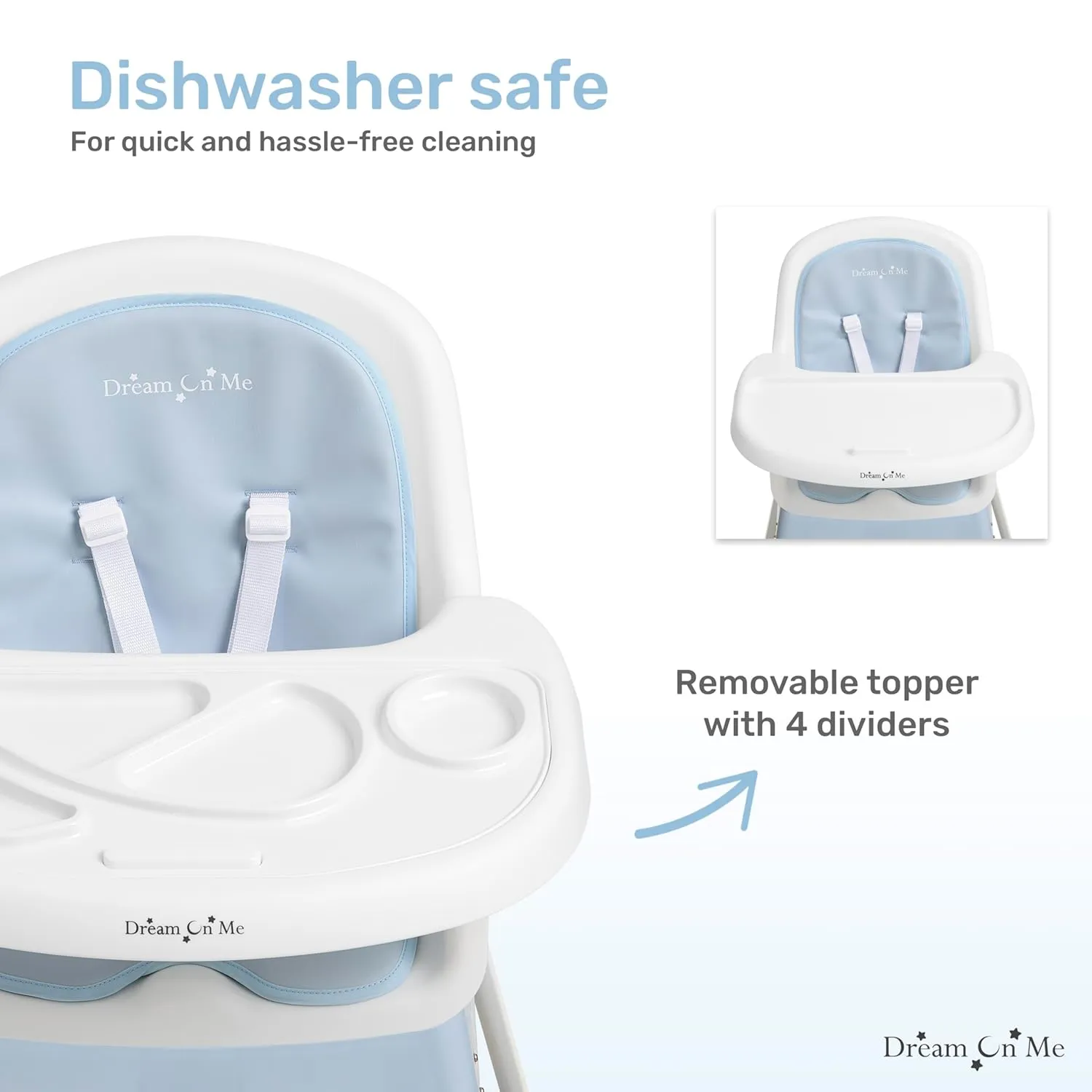 Dream On Me Curio Sit N Seek 3 in 1 Convertible Baby High Chair in Sky Blue, Removable and Adjustable Tray, Portable High Chair, Adjustable Legs, Detachable Footrest & 5 Point Safety Harness