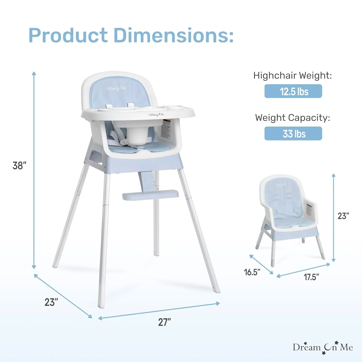 Dream On Me Curio Sit N Seek 3 in 1 Convertible Baby High Chair in Sky Blue, Removable and Adjustable Tray, Portable High Chair, Adjustable Legs, Detachable Footrest & 5 Point Safety Harness