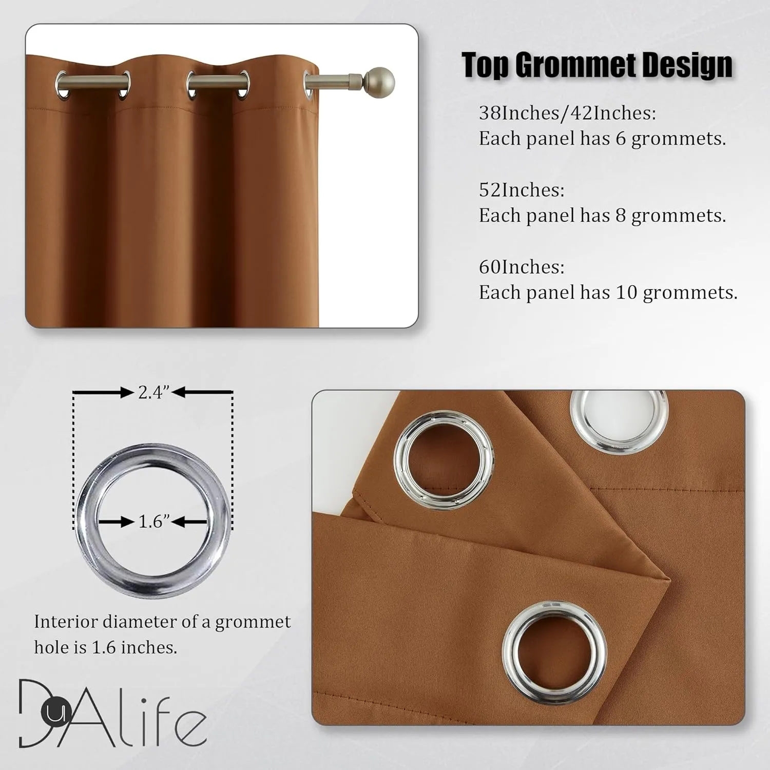 DUALIFE Dark Oak Brown Grommet Room Darkening Curtains 52 x 63 Inches, 2 Panels