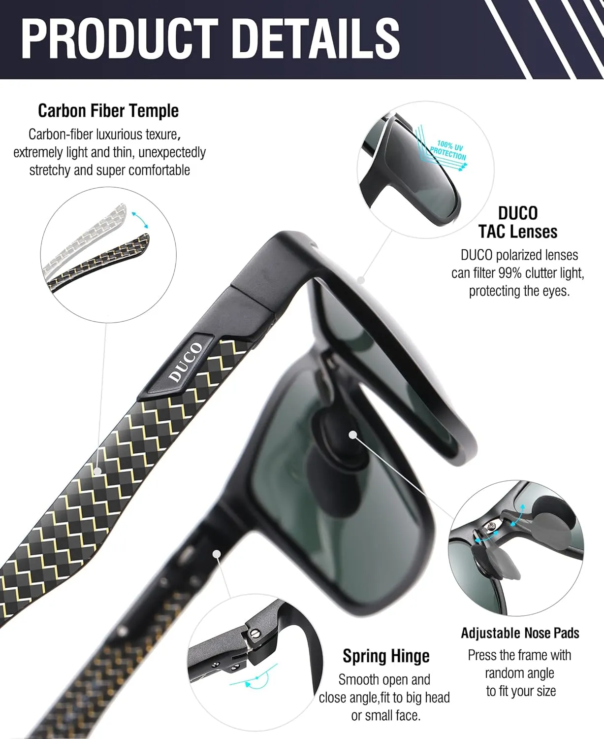 DUCO Mens Sunglasses Polarized Rectangle Sunglass for Men Lightweight Carbon Fiber UV400 Protection 8206