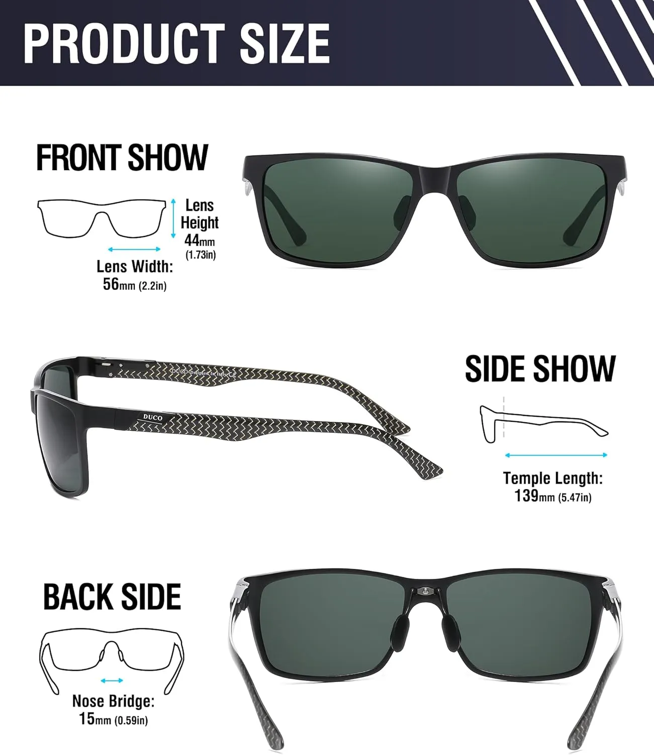DUCO Mens Sunglasses Polarized Rectangle Sunglass for Men Lightweight Carbon Fiber UV400 Protection 8206