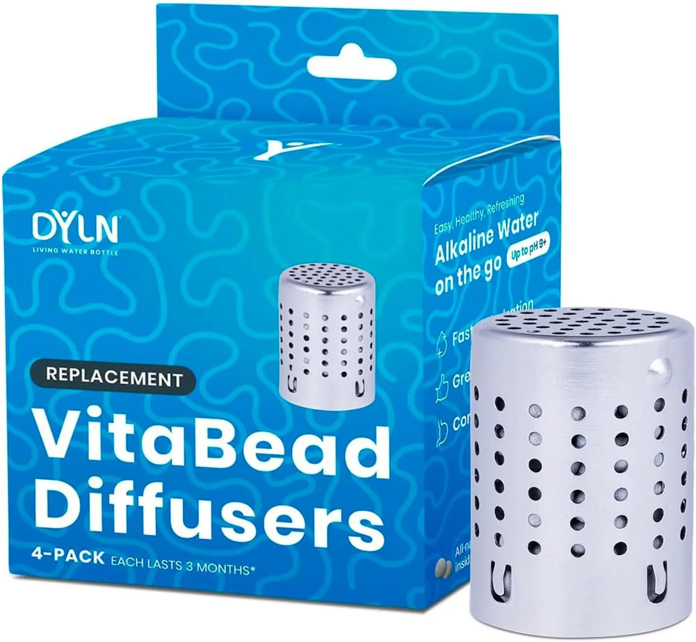 DYLN VitaBead Diffuser | Creates Hydrogen-Rich, pH 9  Alkaline Antioxidant Water | Replacement for DYLN Bottle | Natural Mineral Ionized Hydrogen Generator for Delicious Tasting Water | 4-Pack