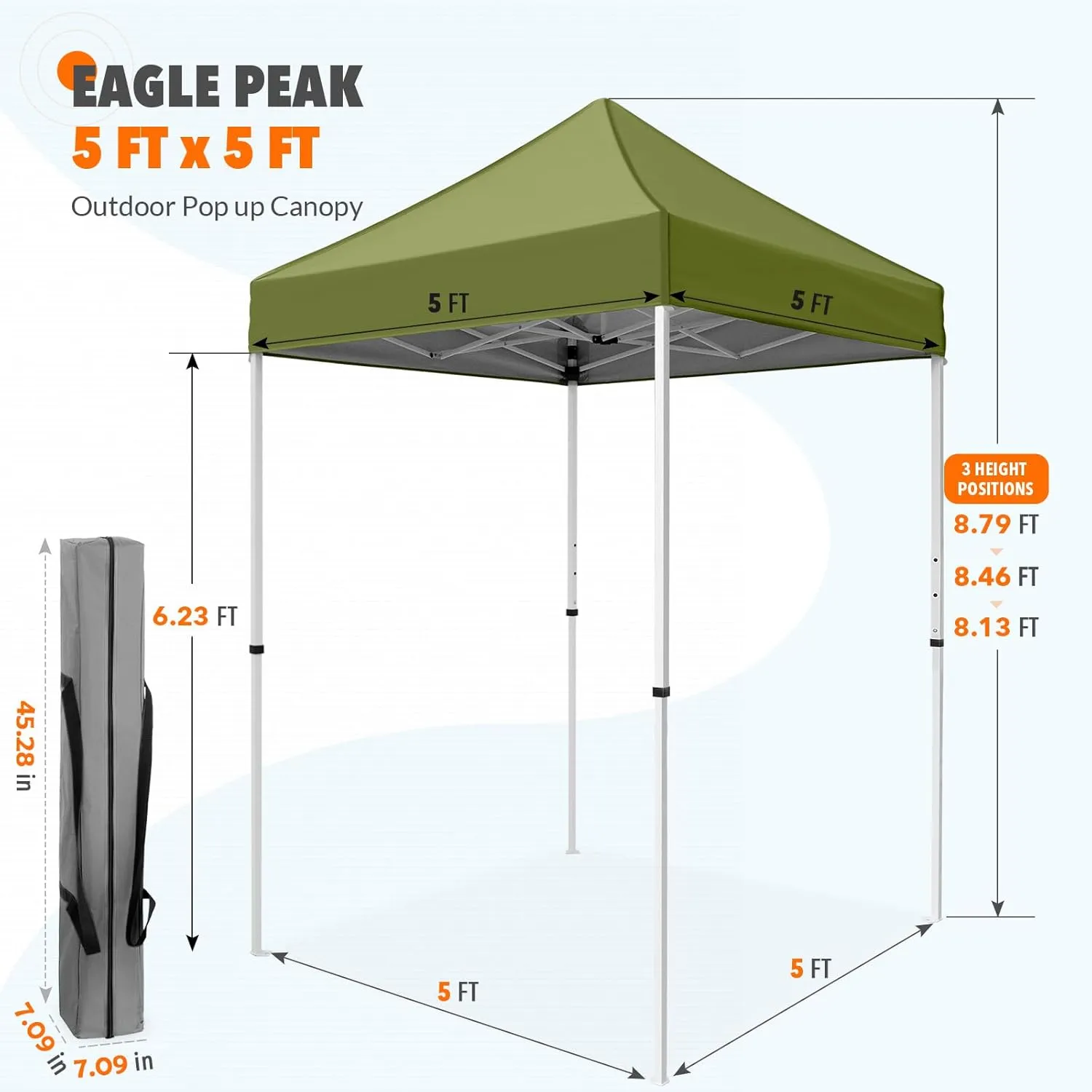 EAGLE PEAK 5x5 Pop Up Canopy Tent Instant Outdoor Canopy Easy Set-up Straight Leg Folding Shelter, Grass Green