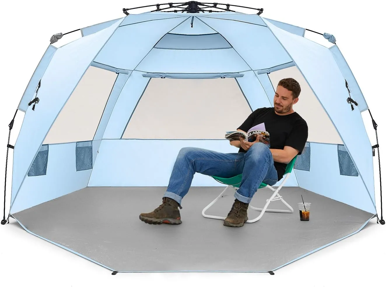 Easthills Outdoors Instant Shader Deluxe XL Beach Tent Easy Up 99" Wide for 4-6 Person Sun Shelter - Extended Zippered Porch Included Blue