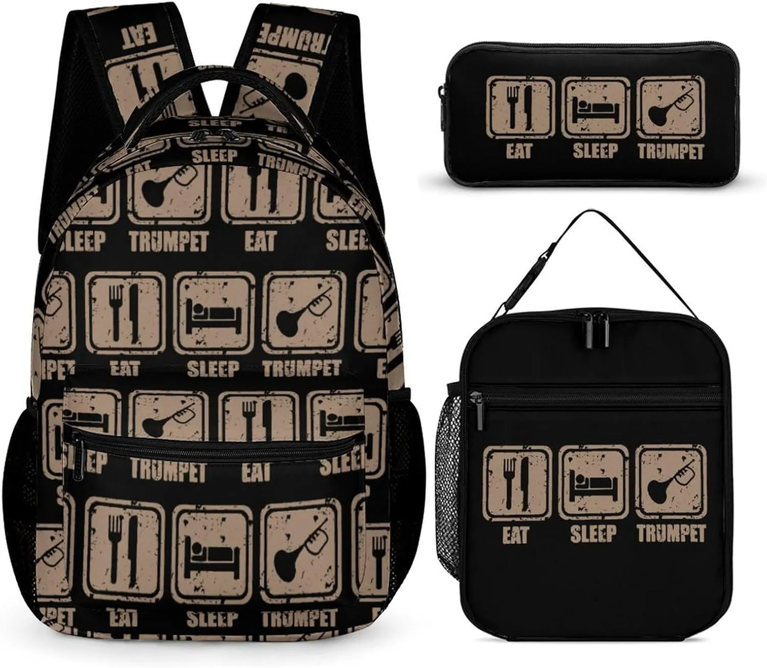 Eat Sleep Play Trumpet Funny Backpack Set Lunch Bag Pencil Case Bag 3 in 1 for Men Women Travel Backpacks
